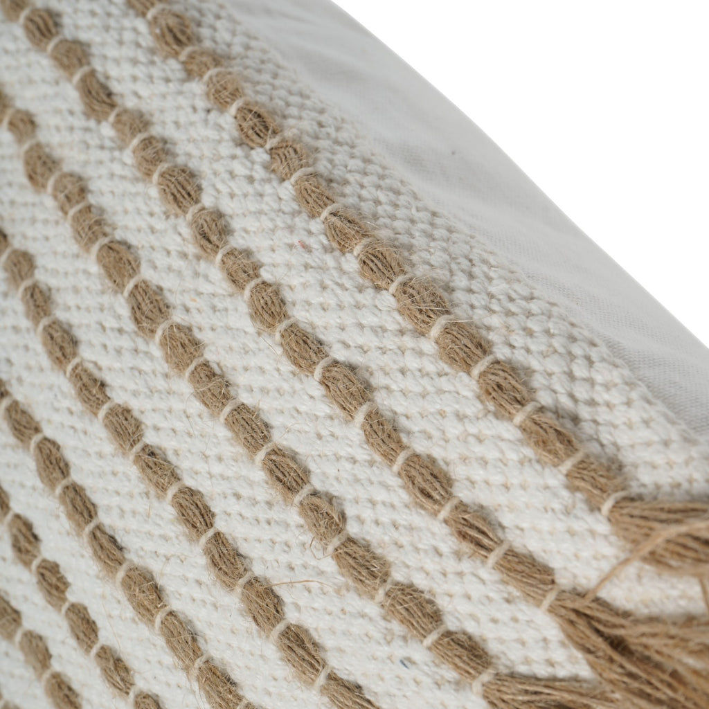Close-up of the ivory weave and raised tan rows held by pale stitches, beside the smooth ivory backing.