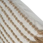 Close-up of the ivory weave and raised tan rows held by pale stitches, beside the smooth ivory backing.
