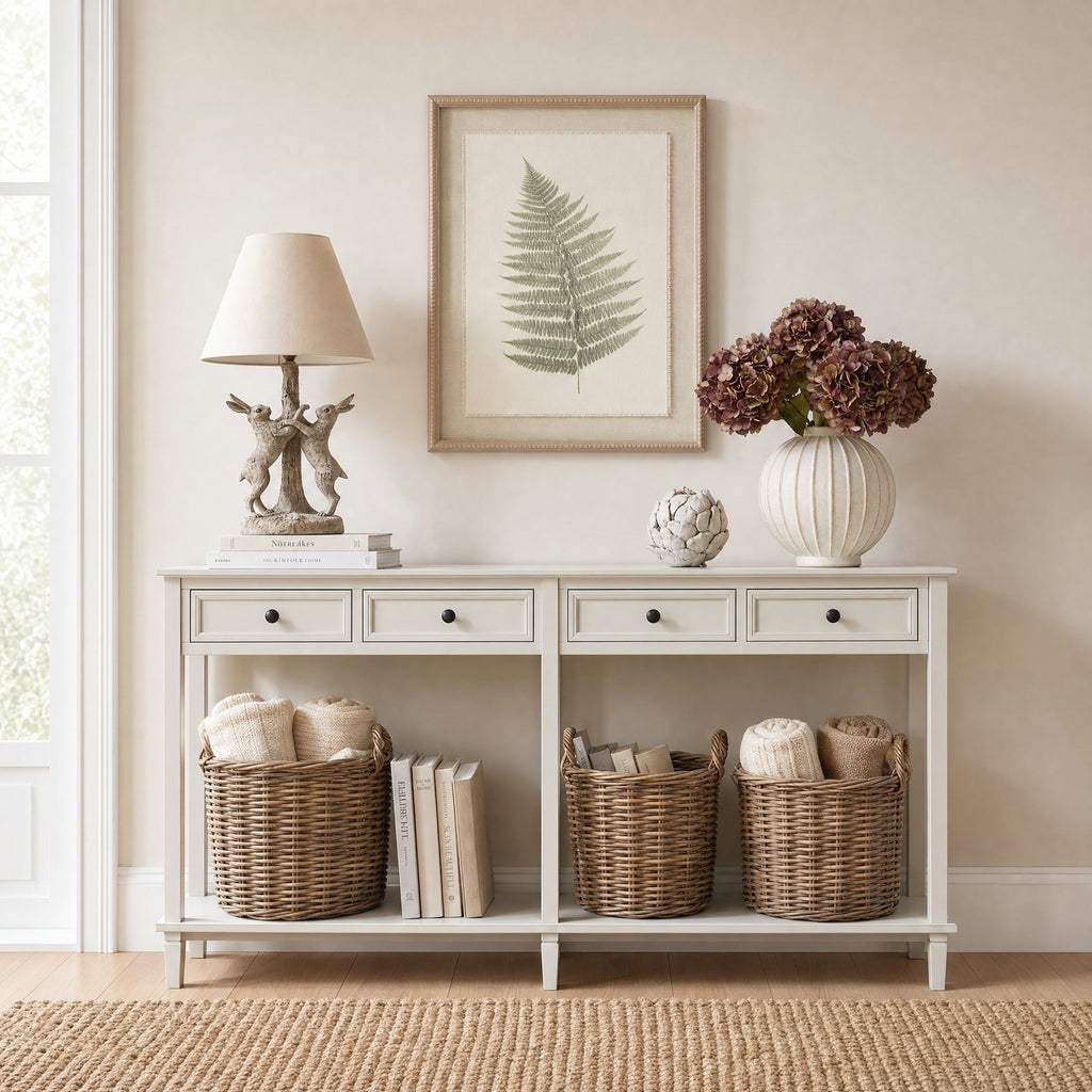 Framed fern artwork hanging above a cream console, between a rabbit lamp and a vase of dusky hydrangeas, with baskets below.