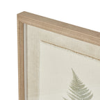 Angled detail of the tan frame's upper corner, showing the beaded border and frayed edge of the pale inner panel.
