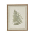Front view of a single green fern frond on pale textured backing within a tan beaded frame.