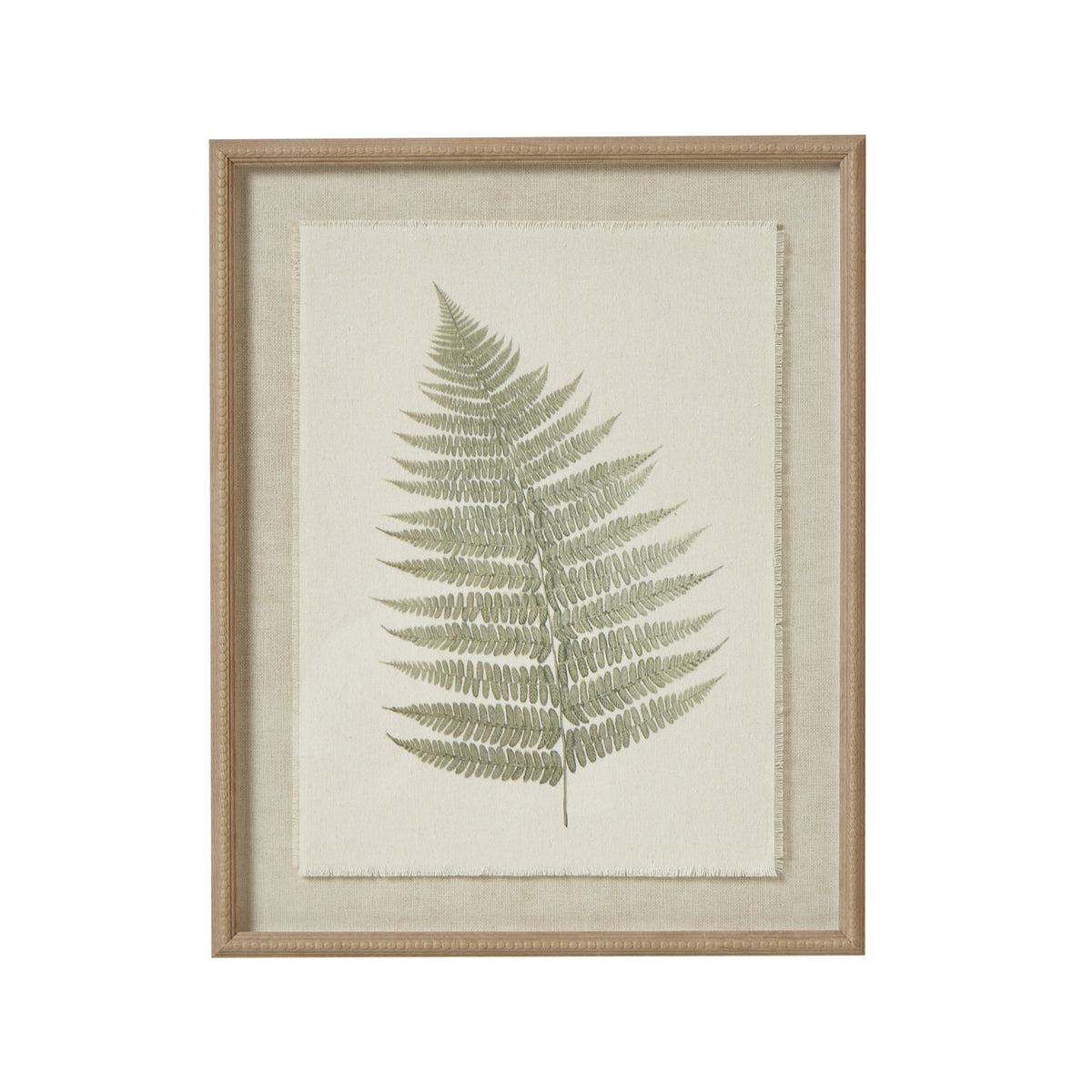 Front view of a single green fern frond on pale textured backing within a tan beaded frame.