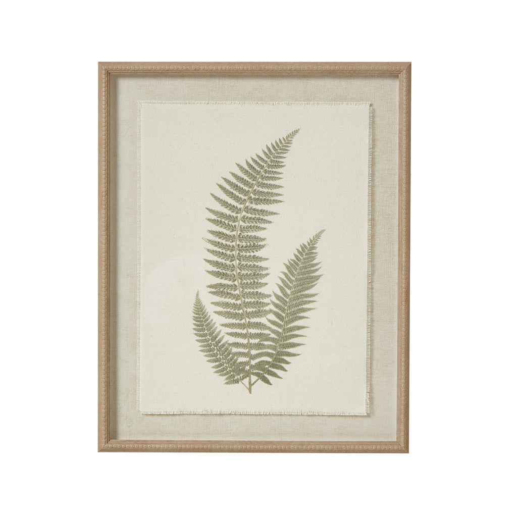 Front view of three green fern fronds on a pale textured panel with frayed edges, enclosed by a tan beaded frame.