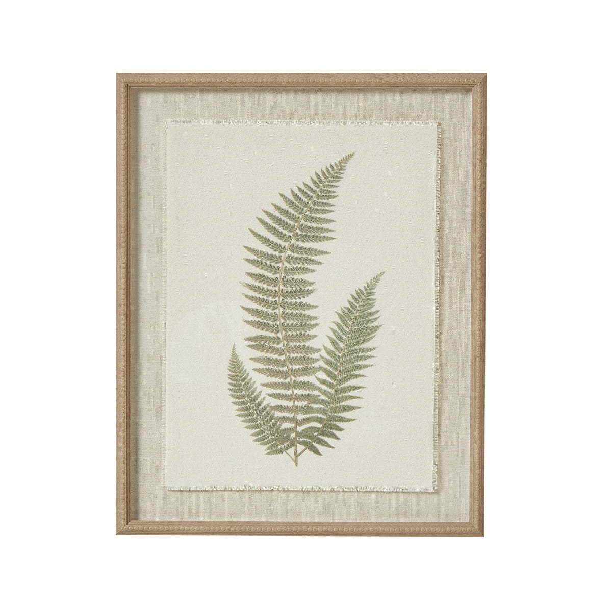Front view of three green fern fronds on a pale textured panel with frayed edges, enclosed by a tan beaded frame.