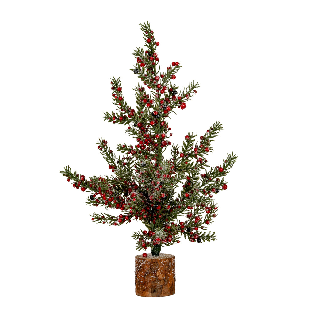 Full view of an artificial decorative tree with spreading green branches, red and black berries, white frosting and a cylindrical bark-like base.