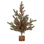 Full view of an artificial tree with spreading green branches, red and black berries, white frosting and a cylindrical bark-like base.