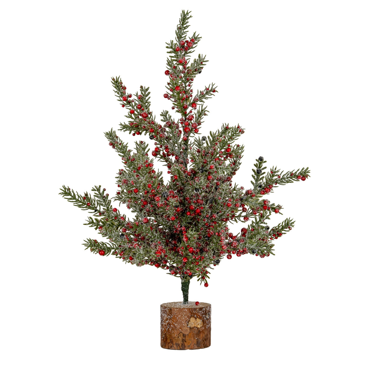 Full view of an artificial tree with spreading green branches, red and black berries, white frosting and a cylindrical bark-like base.