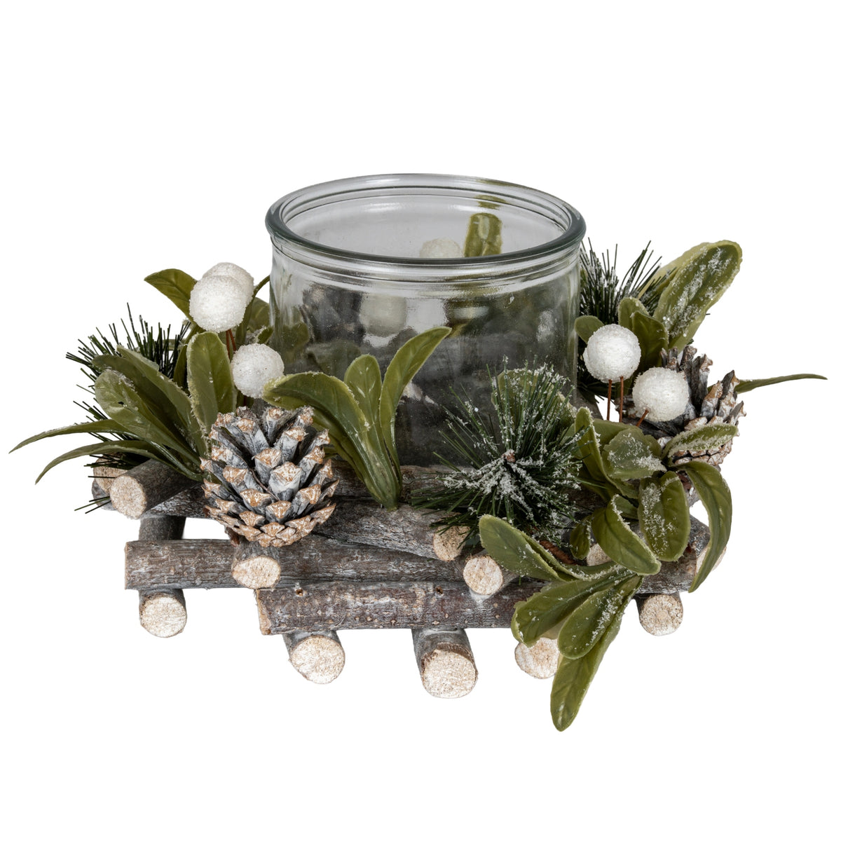 Frosted Berry Candle Wreath with green leaf shapes, white berries, pale-tipped cones and brown branch-like details surrounding a clear central vessel against a white background.