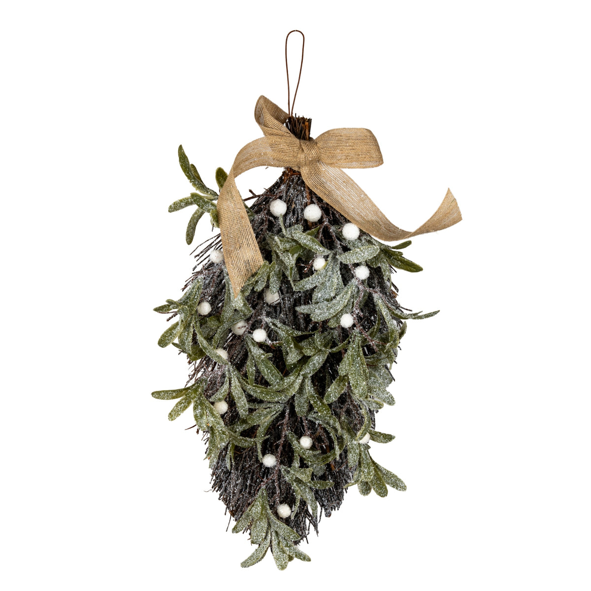 Full view of a tapered frosted foliage swag with olive-green leaves, white berries, a tan bow with trailing ribbon and a brown hanging loop against white.