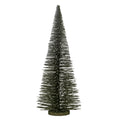 Full view of a tall conical decorative brush tree with dark tiered bristles, white flocking and a low round brown-green base.