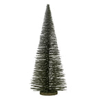 Full view of a tall conical decorative brush tree with dark tiered bristles, white flocking and a low round brown-green base.