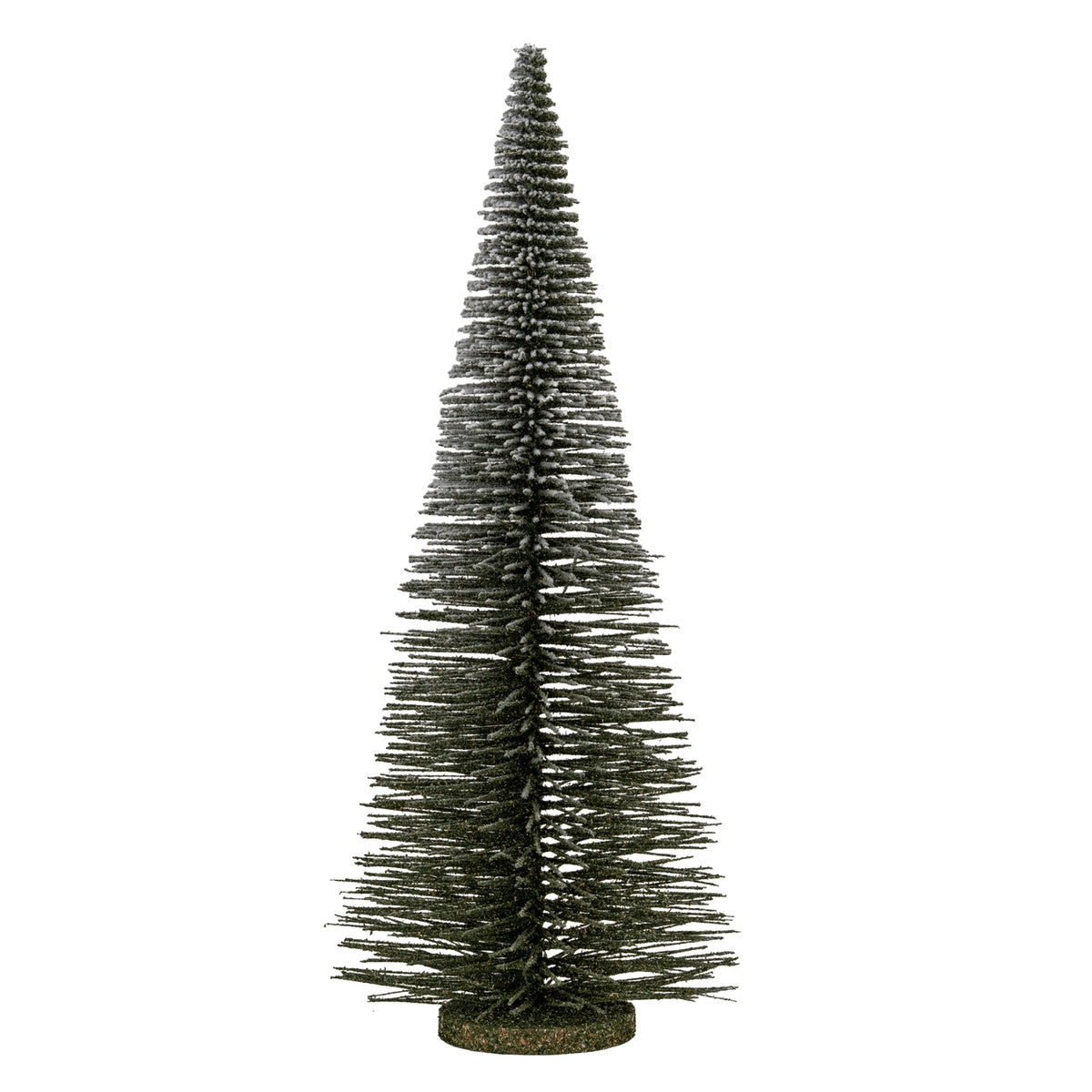 Full view of a tall conical decorative brush tree with dark tiered bristles, white flocking and a low round brown-green base.