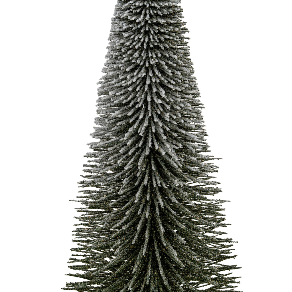 Close-up of the tree's dark radial bristles, showing irregular white flocking along the upper surfaces and tips of the layered tiers.