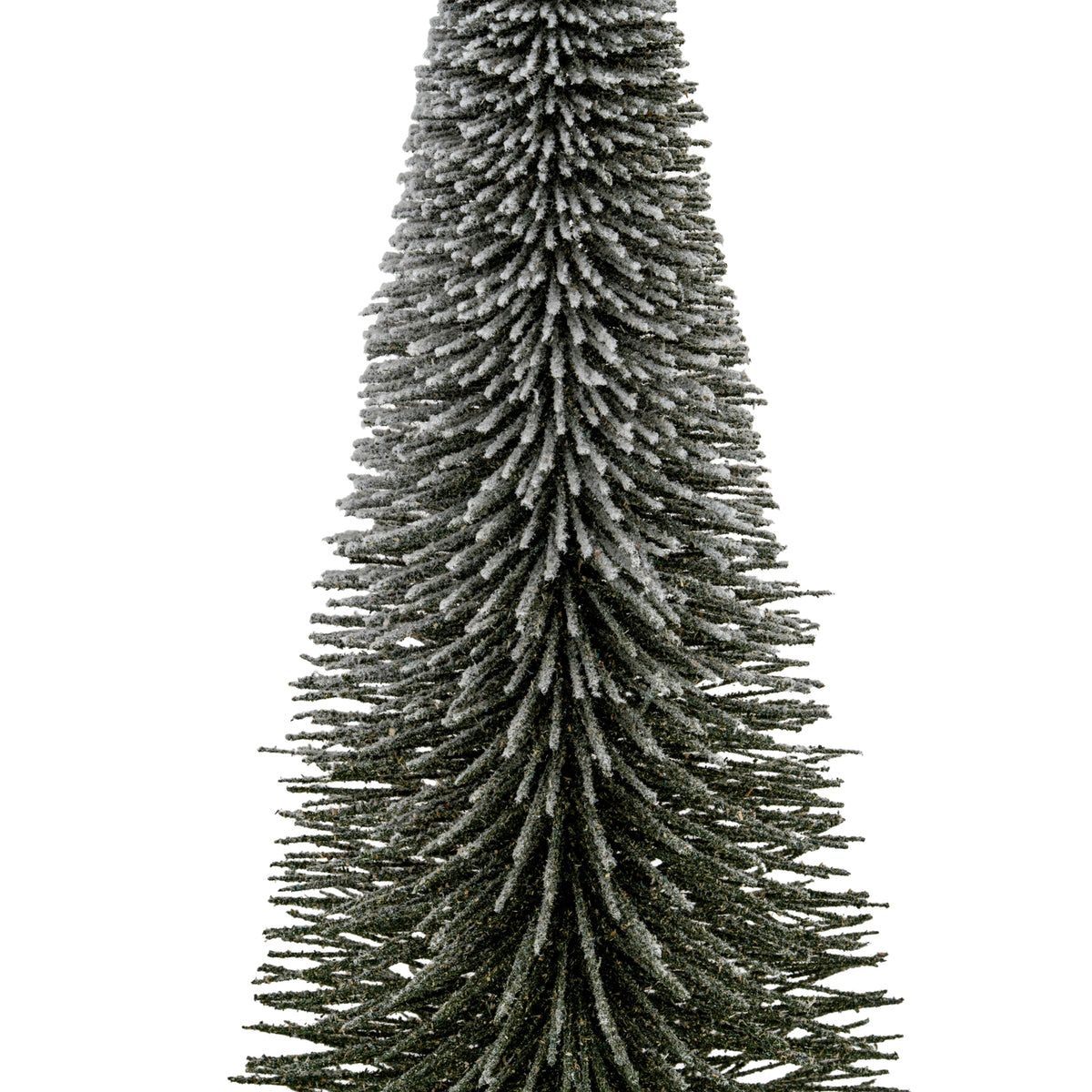 Close-up of the tree's dark radial bristles, showing irregular white flocking along the upper surfaces and tips of the layered tiers.