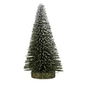 Full view of a tapered decorative brush tree with white frosting towards the tip and a thick round brown-green base.