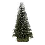 Full view of a tapered decorative brush tree with white frosting towards the tip and a thick round brown-green base.