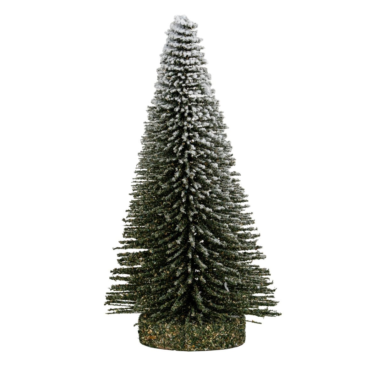 Full view of a tapered decorative brush tree with white frosting towards the tip and a thick round brown-green base.
