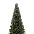 Close view of the decorative tree's irregular bristle tiers, showing white frosting concentrated around the narrow top and branch tips.