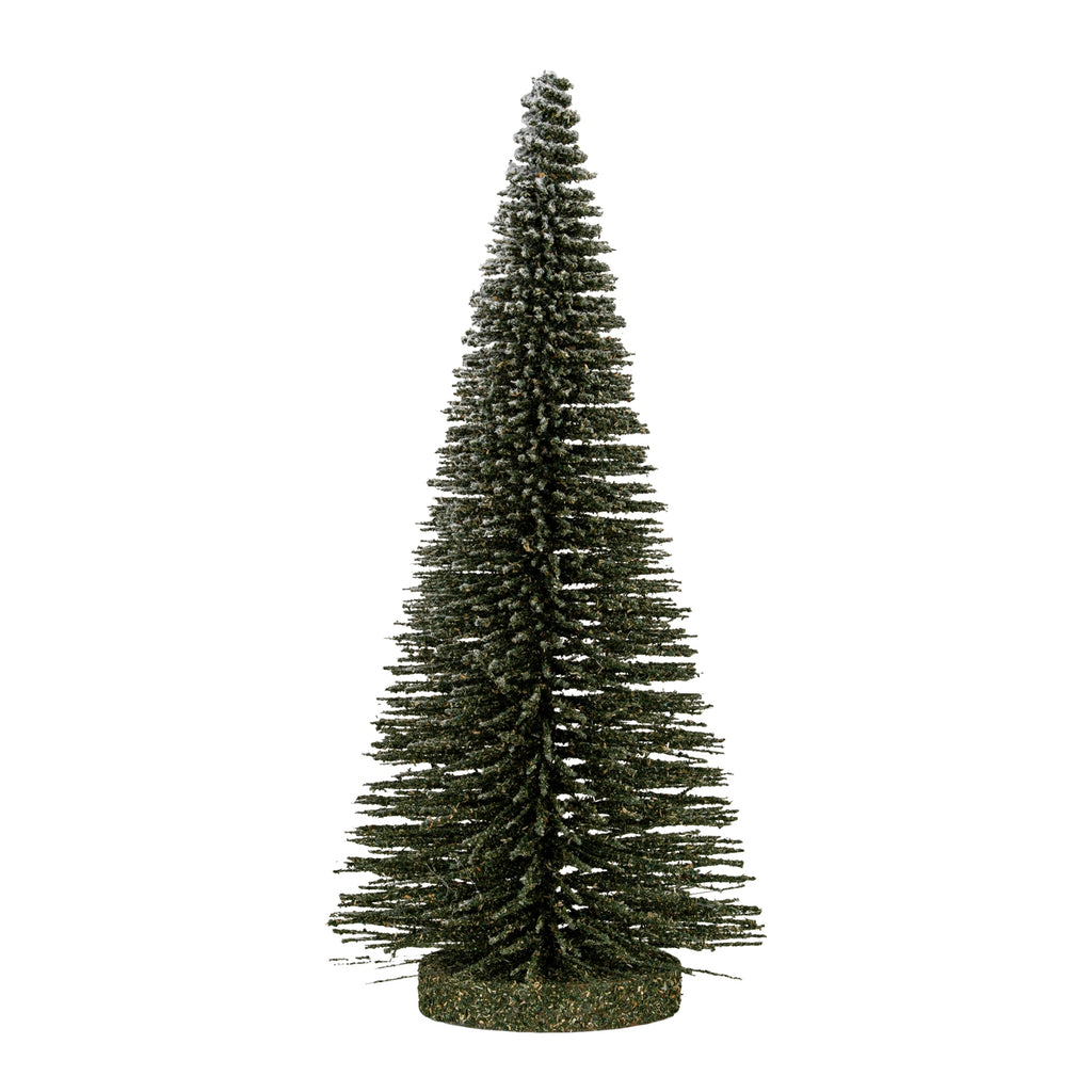 Full view of a tapered dark green decorative brush tree with white frosting and a low round brown-green base.