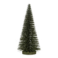 Full view of a tapered dark green decorative brush tree with white frosting and a low round brown-green base.
