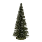 Full view of a tapered dark green decorative brush tree with white frosting and a low round brown-green base.