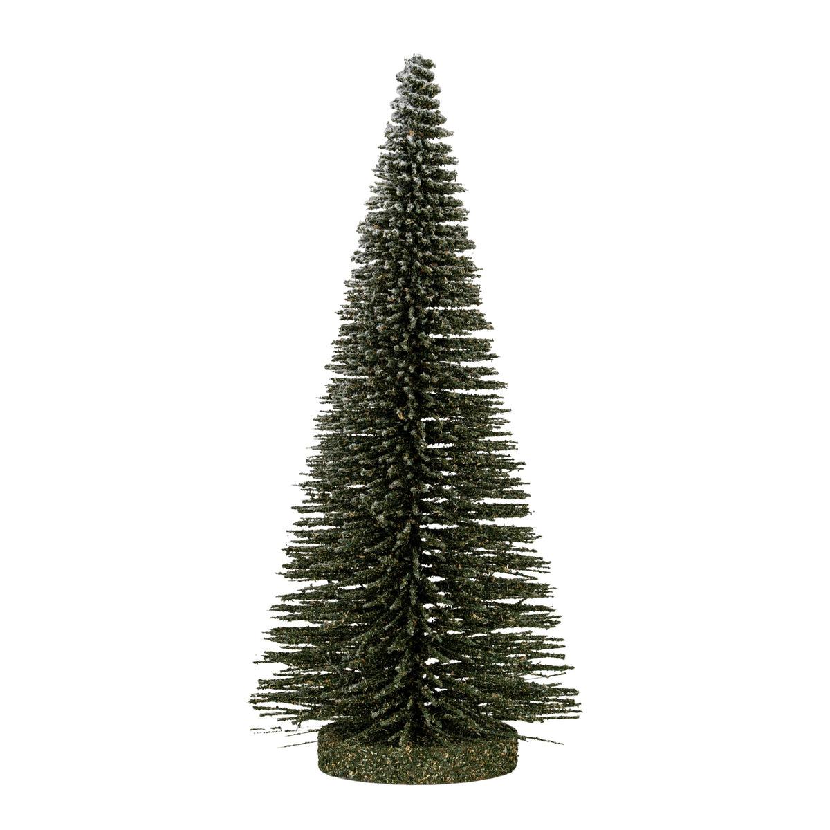 Full view of a tapered dark green decorative brush tree with white frosting and a low round brown-green base.