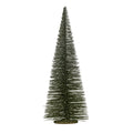 Full view of a tall, tapered dark green brush tree with white frosted branches and a low round brown-green base.
