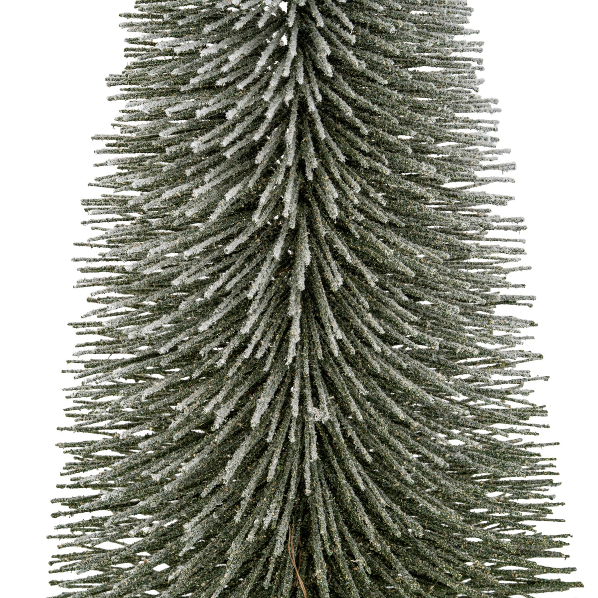 Close-up of the brush tree's dense radiating branch tiers, showing the textured white frosting along the dark green bristles.