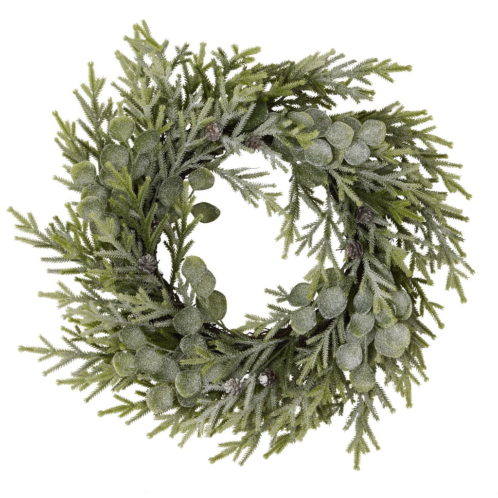 Front view of a circular green foliage wreath with white frosting, rounded leaves and small brown pinecones on a white background.