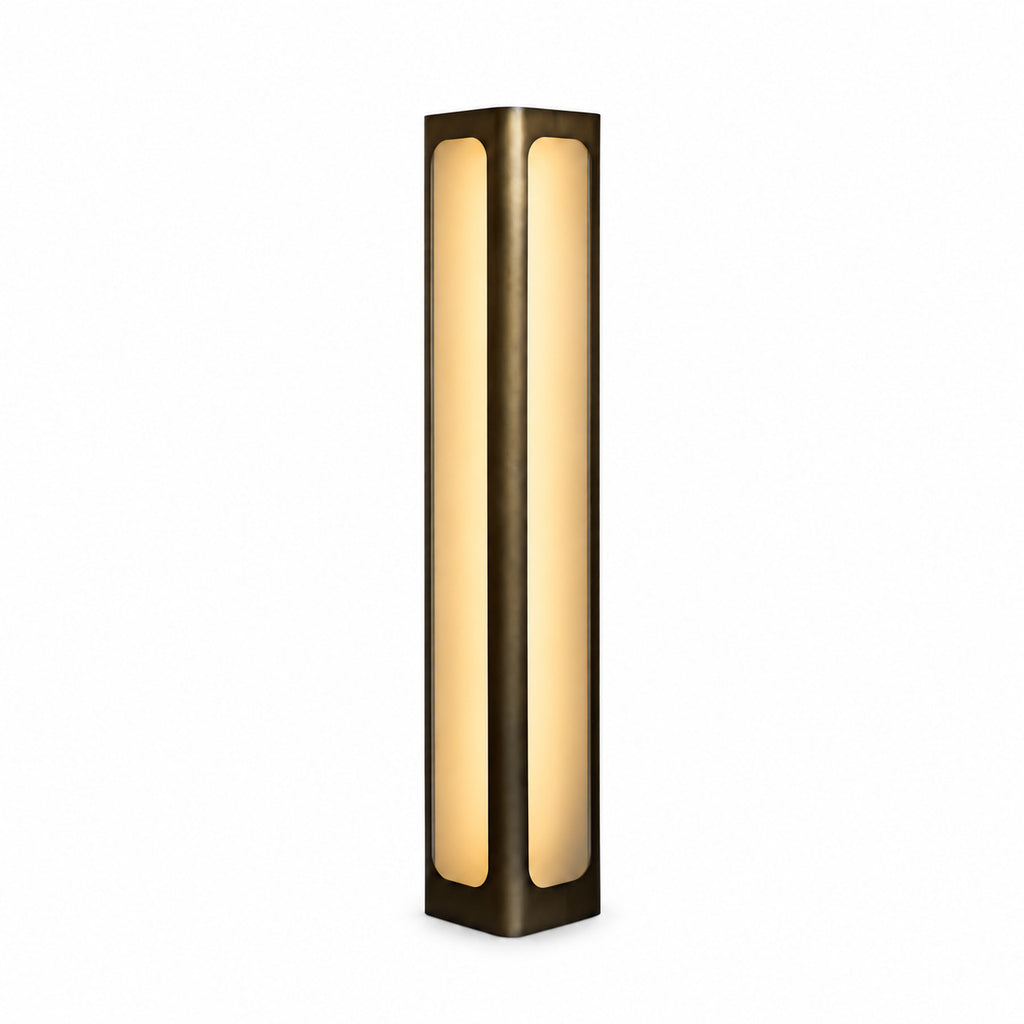 Illuminated floor uplighter with a dark smoke-gold column frame and two visible long frosted panels, shown against white.