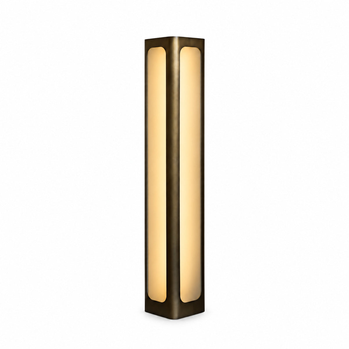 Illuminated floor uplighter with a dark smoke-gold column frame and two visible long frosted panels, shown against white.