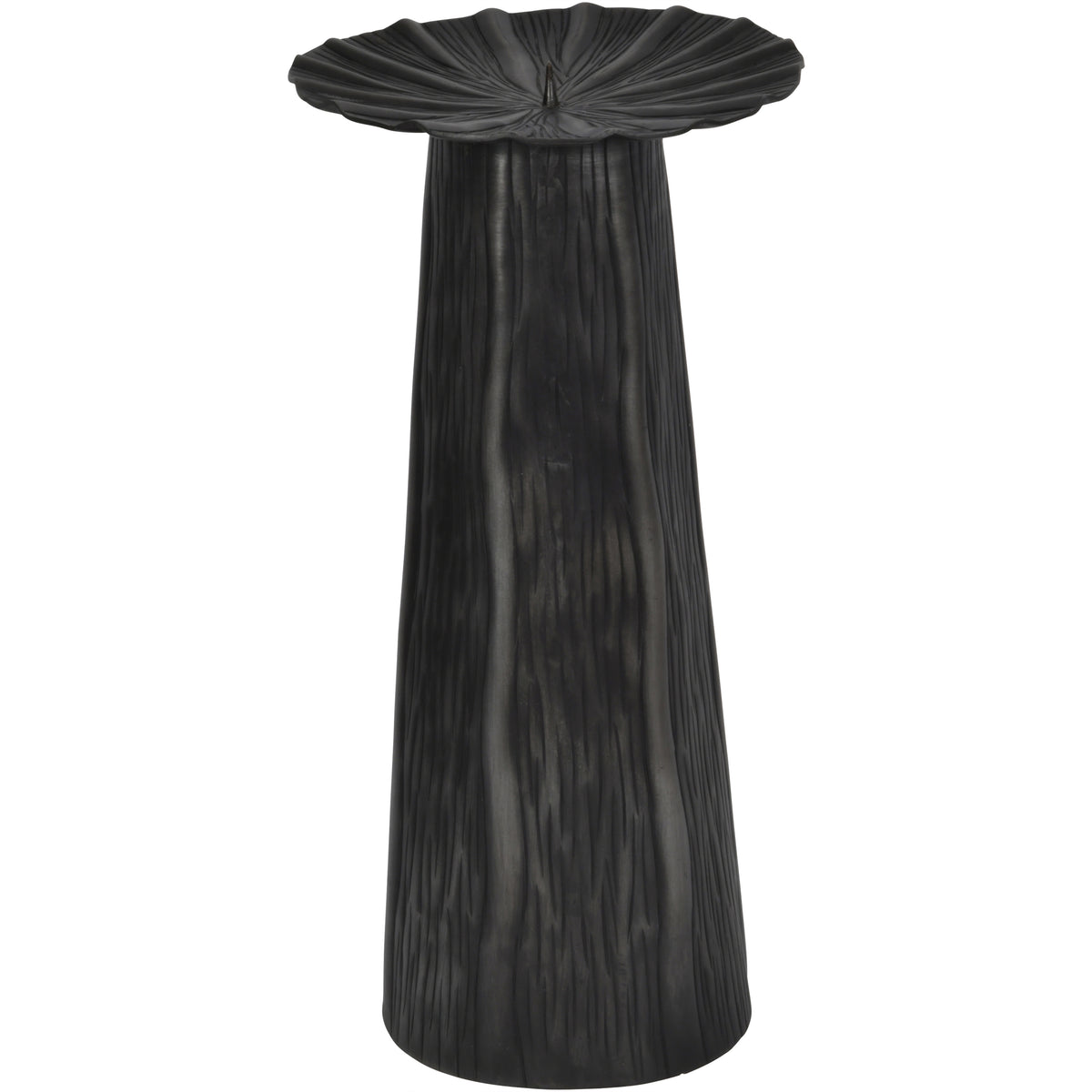 Large black candleholder viewed slightly from above, showing a tapered, channelled pedestal and broad rippled plate with a central spike.