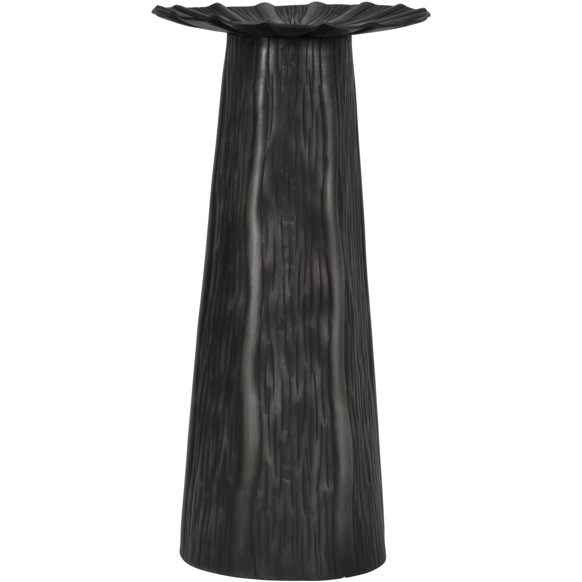 Full-length view of the black candleholder, showing its broad circular base, tapered body and softly wavy candle plate.