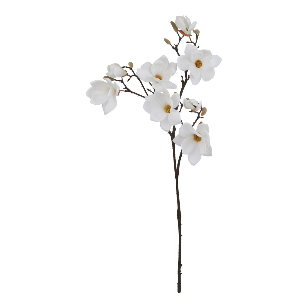 Full view of an artificial flower stem with dark brown branches, open and cupped white blooms and tan buds against a white background.