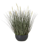 Artificial grass arrangement with spreading muted green blades and upright cream seed heads in a low black bowl-shaped pot.