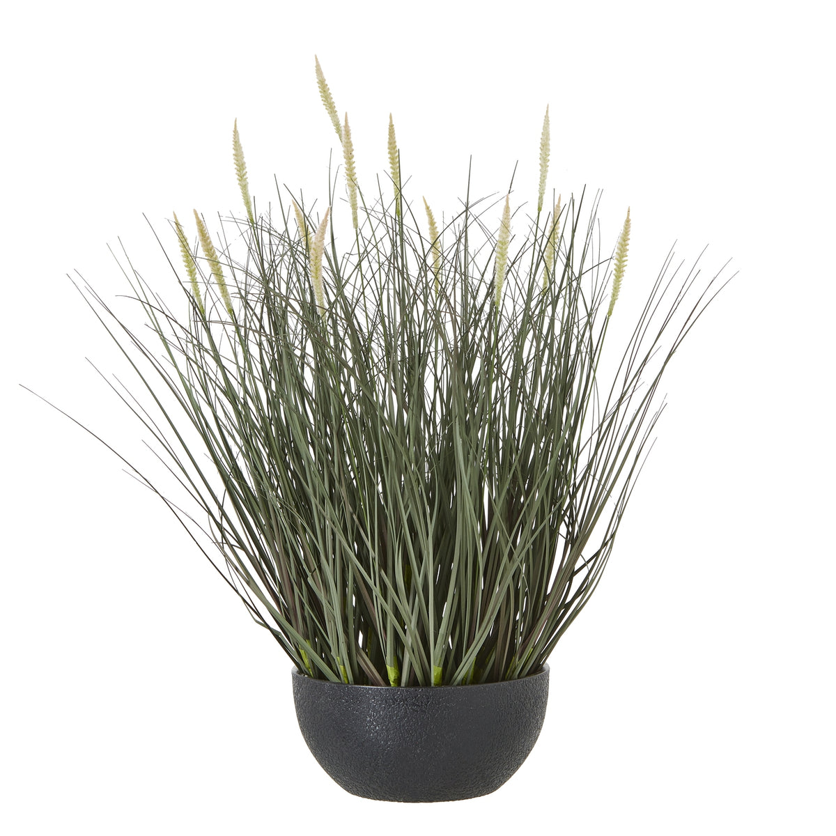 Artificial grass arrangement with spreading muted green blades and upright cream seed heads in a low black bowl-shaped pot.