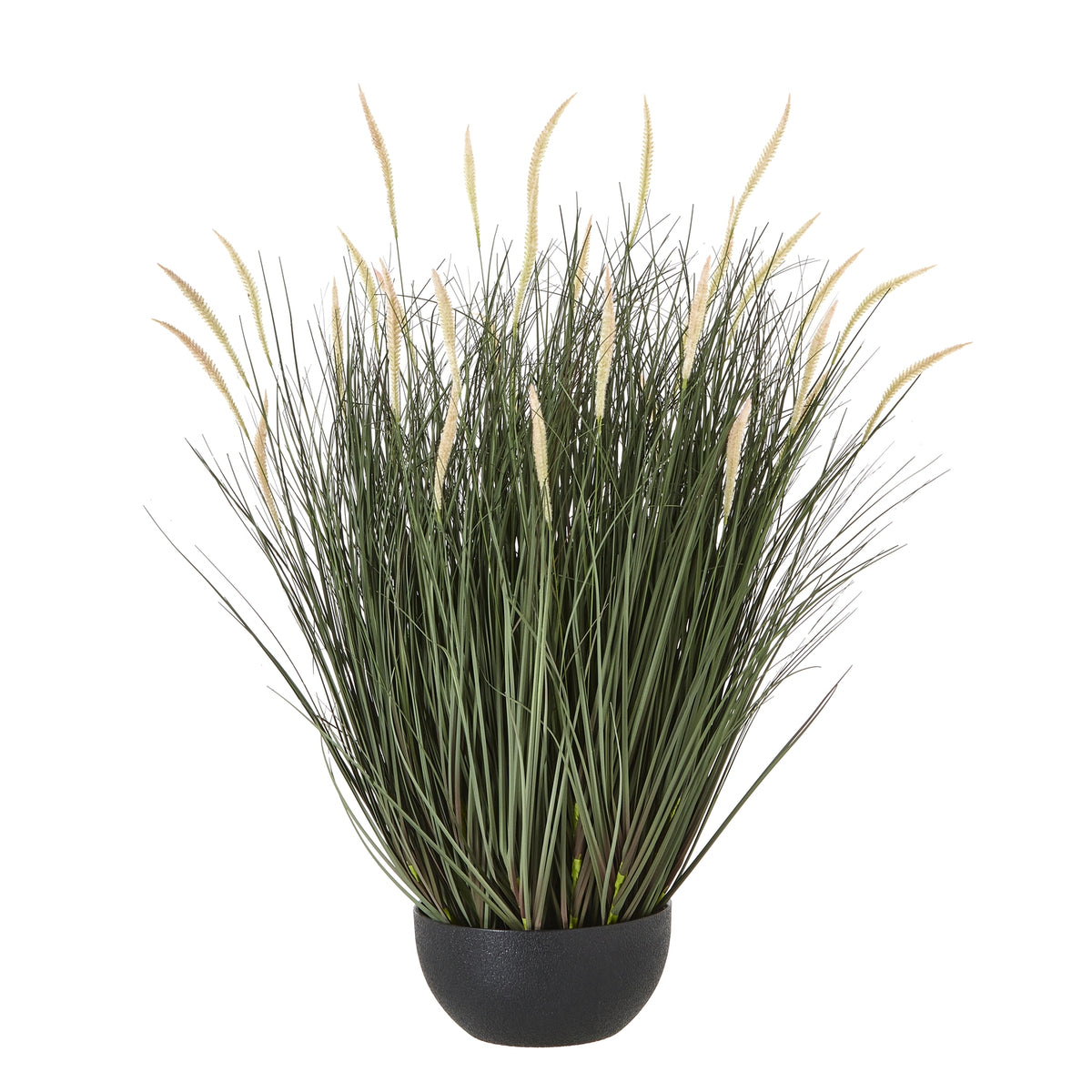 Full view of a dense artificial grass arrangement with spreading green blades and pale fuzzy seed heads in a low rounded black pot.