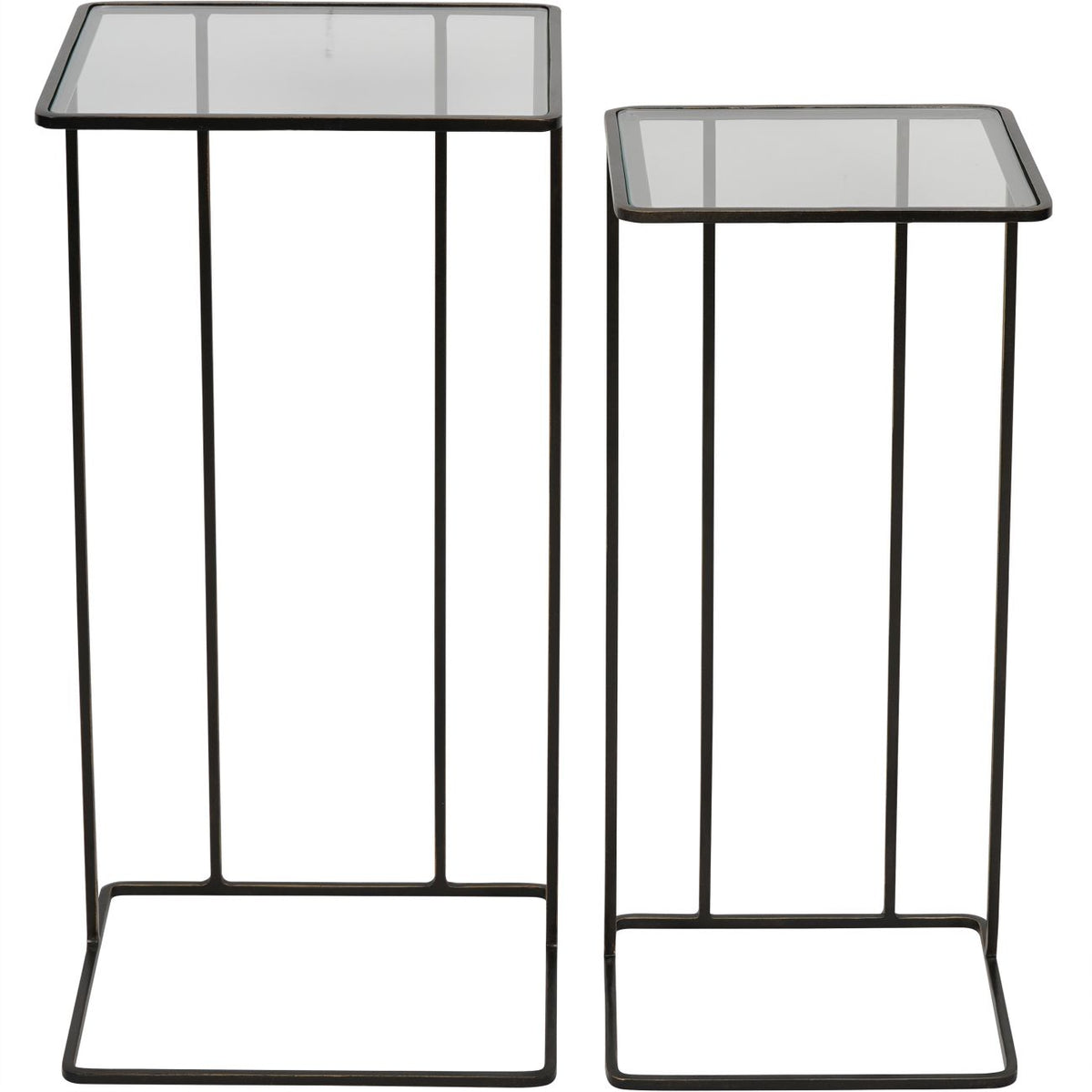 Side tables shown separately from the front, taller on the left, with clear glass tops and open square bases.