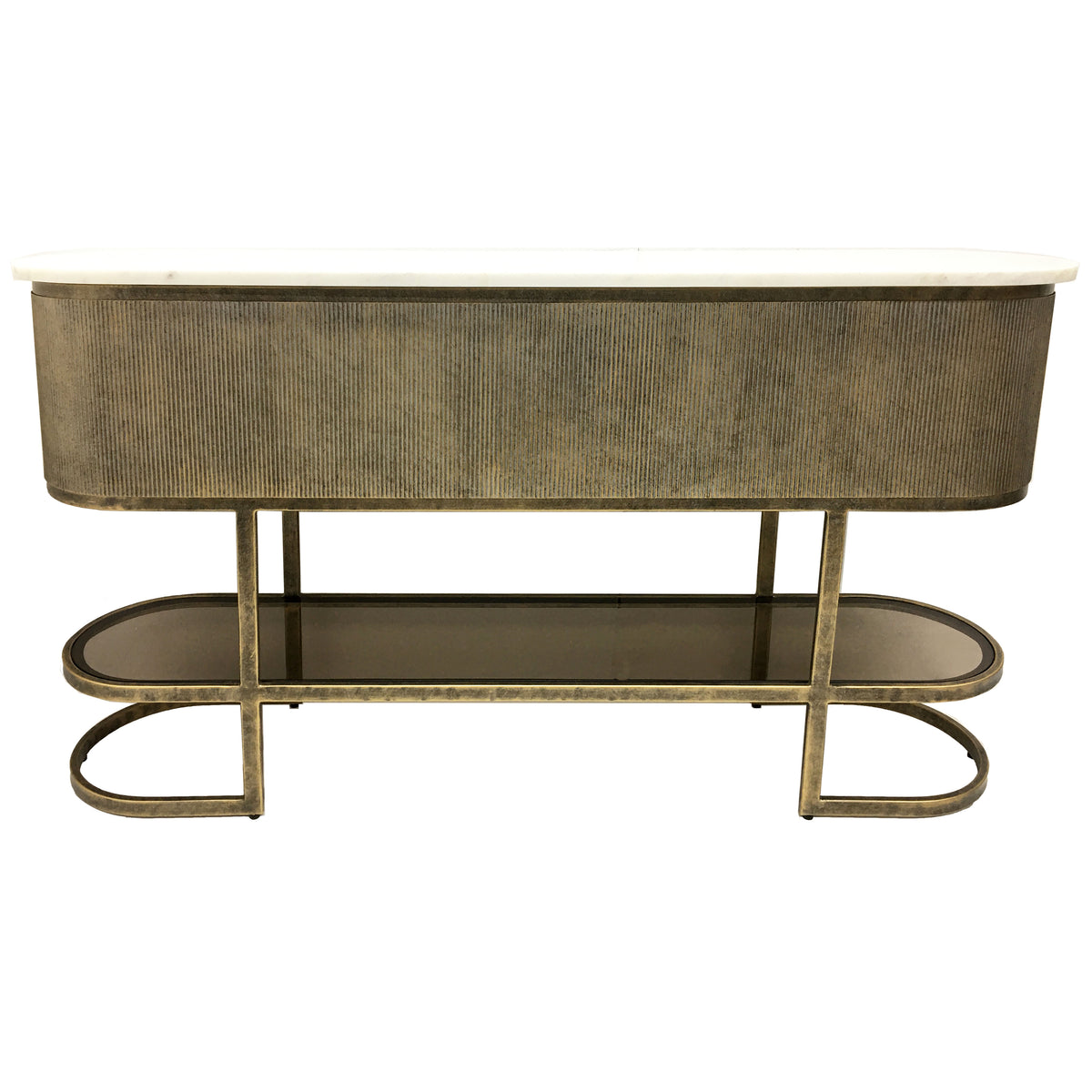 Front view of the Gallery Rail Console Table with a pale marble top, rounded corrugated apron, aged-gold frame, tinted glass shelf and looped base.