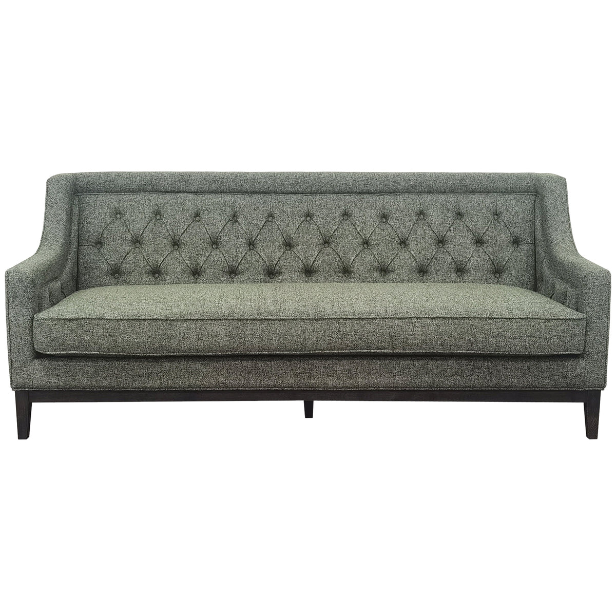 Front view of the green Gather sofa with a diamond-buttoned back, continuous seat cushion and dark wooden legs.