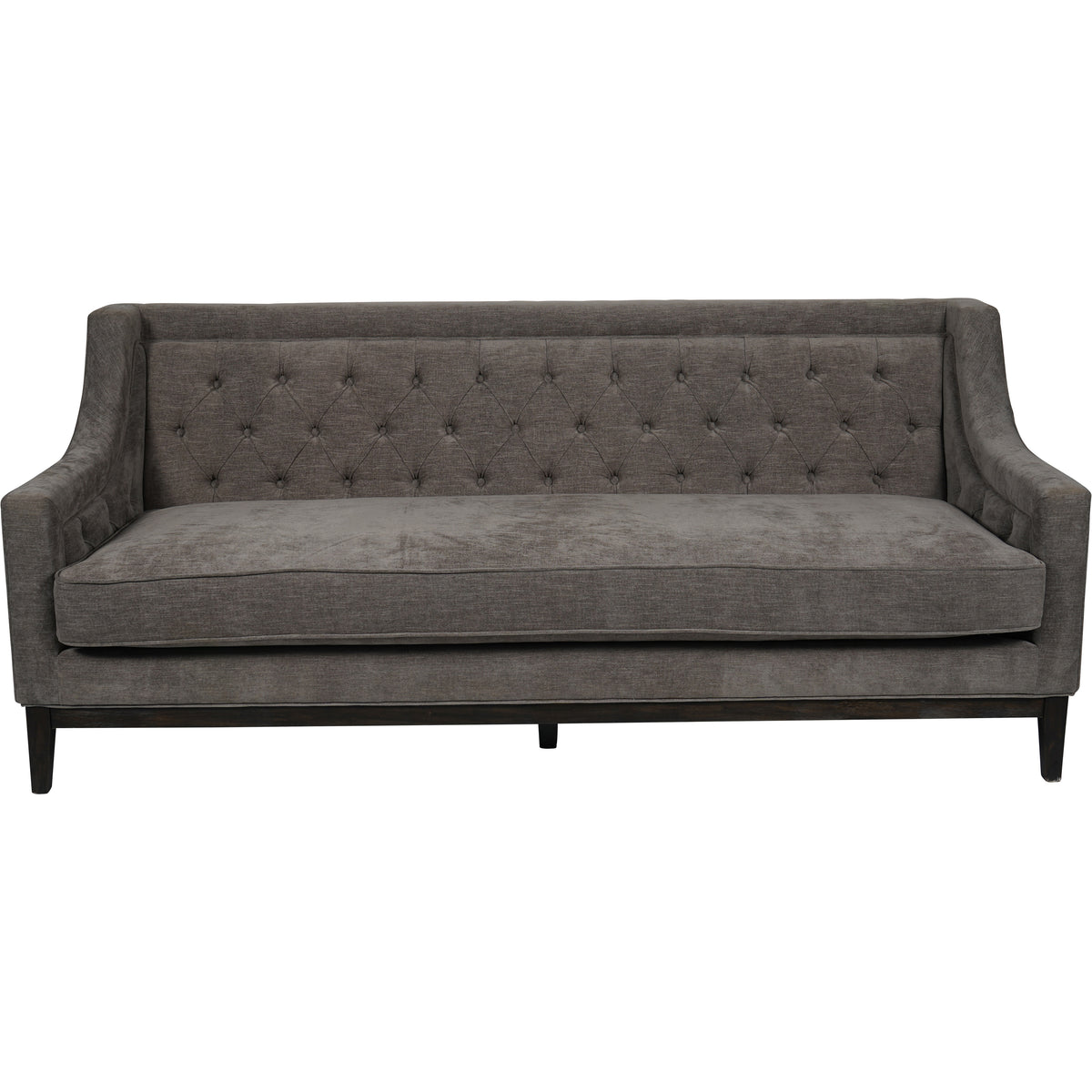 Front view of the warm grey Gather sofa with diamond buttoning, a single bench cushion and dark tapered wooden legs.
