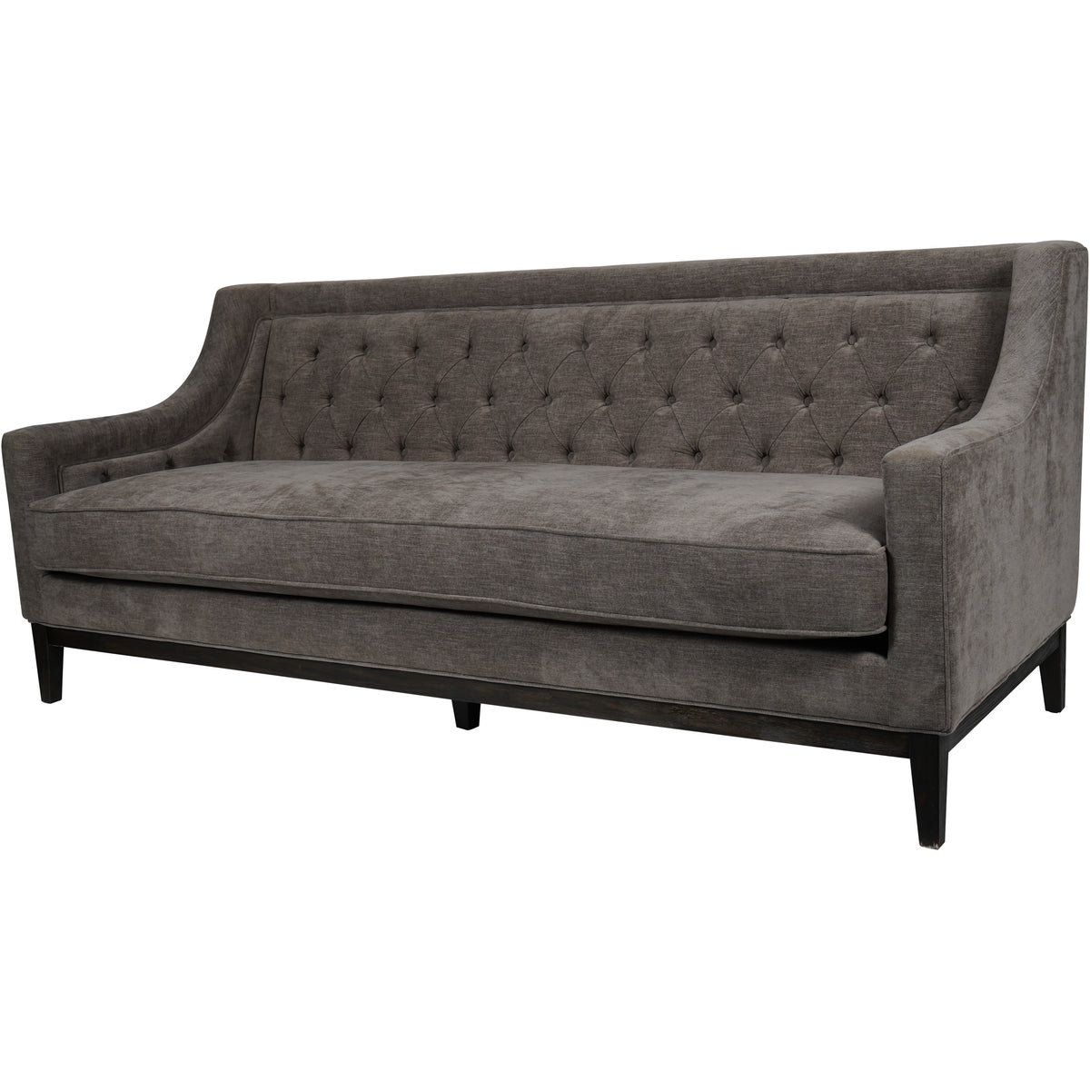 Angled view of the Gather sofa showing its deep seat, sweeping arms, piped cushion and dark wooden base.