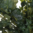 Close-up of overlapping artificial ivy leaves showing pale veins, mottled green surfaces and slender branching stems.