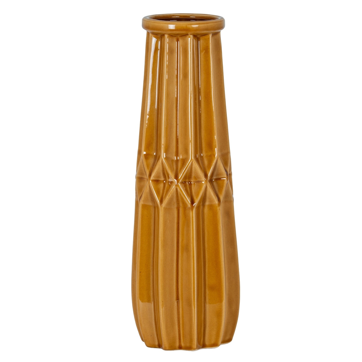 Full view of the tall ochre Geometric Girdle Vase with vertical flutes, a raised diamond band and a rounded rim.