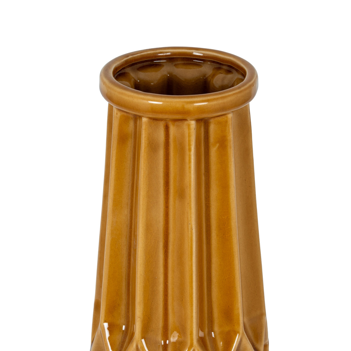 Close view of the vase's circular opening and rolled rim, with glossy ochre fluting along the narrow neck.