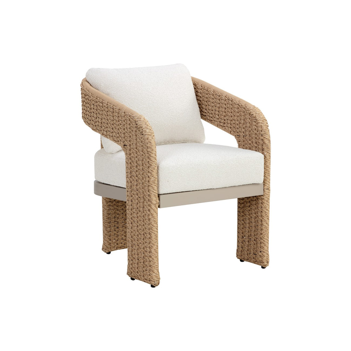 Three-quarter view of the Natural Geometric Weave Dining Chair, showing curved woven arms, broad wicker-wrapped legs and cream seat and back cushions on a white background.