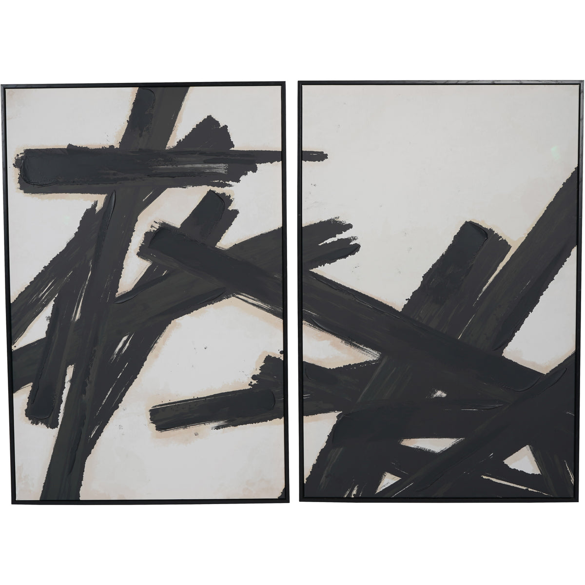 Two slim black-framed abstract canvases with broad black strokes over off-white backgrounds with warm mottling.