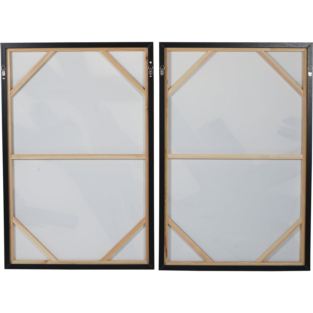 Rear view of both canvases showing wooden supports, diagonal corner braces, central crossbars and metal hanging fittings.