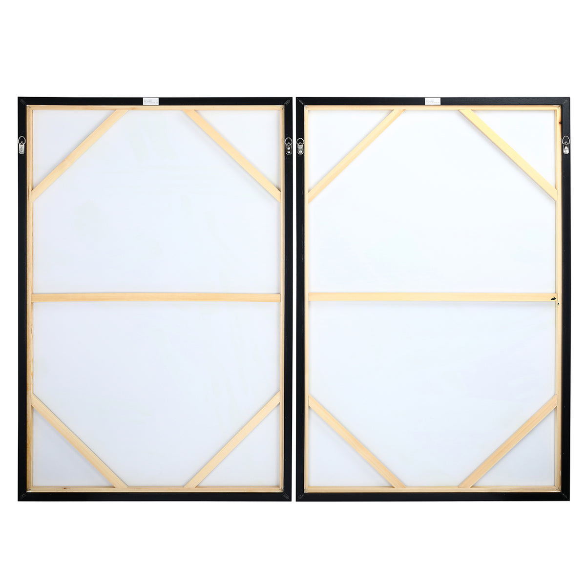 Rear view of both panels showing pale wooden stretchers, diagonal corner braces, central crossbars and metal hanging points.