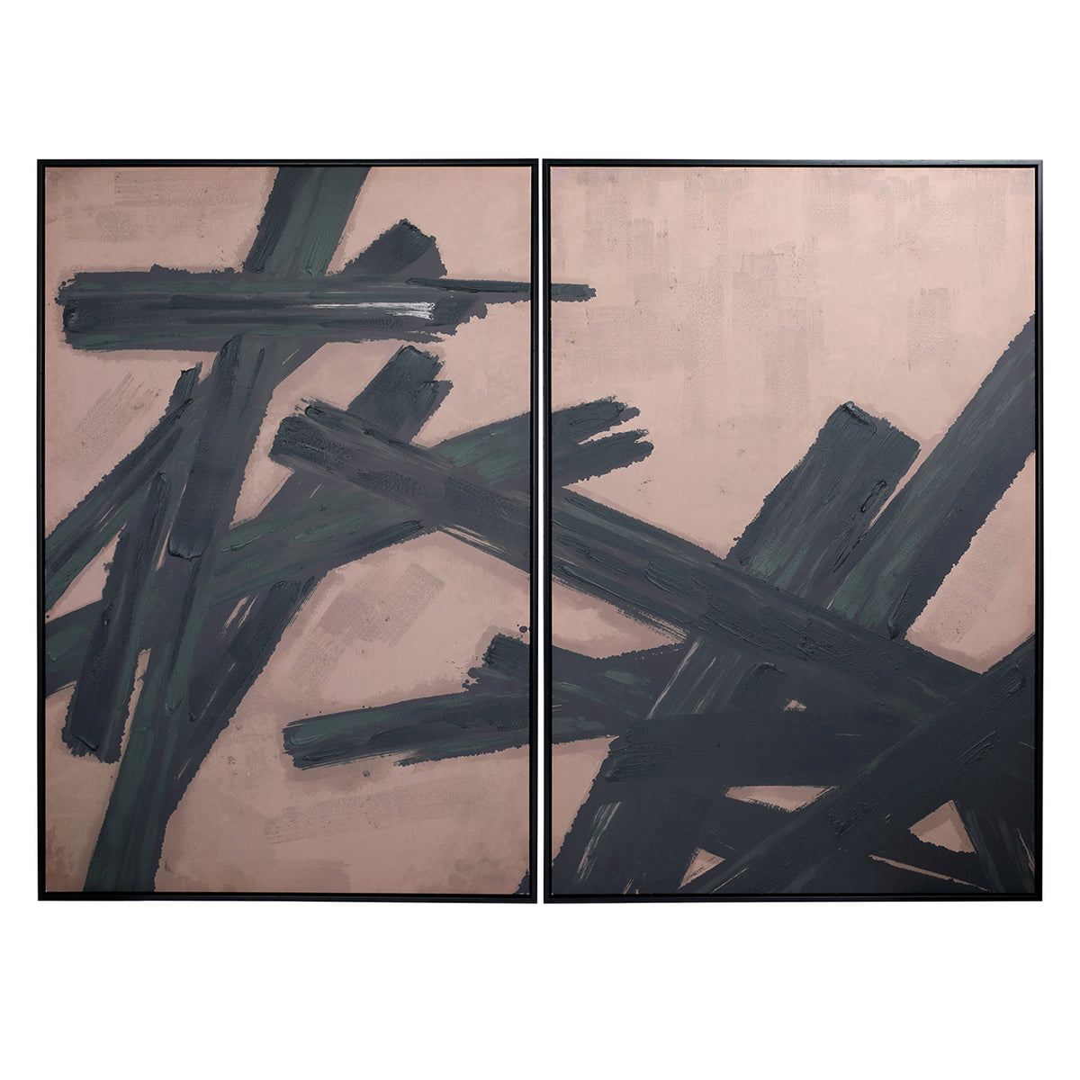 Front view of two tall abstract art panels with overlapping charcoal and black strokes on taupe backgrounds in slim black frames.
